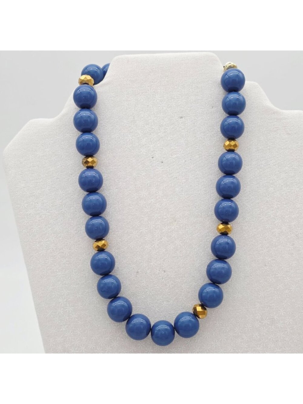 1980's Blue Acrylic & Gold Glass Bead Necklace Adjustable Chain Clasp 20 Inches